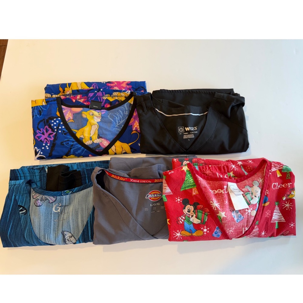 Lot 5 Women Scrub Tops L Dickies WonderWink Disney Lion King Mickey Mouse